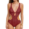 CUPSHE Women’s One Piece Swimsuit Monokini Plunging Neck Cutout Bathing Suit Halter Ties Adjustable Straps Swimwear(Brick Red/Stripe)