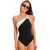 CUPSHE Women’s One Piece Swimsuit One Shoulder Dual Straps Adjustable Self Tie Bathing Suit Color Block Swimwear(Black/White)
