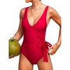 CUPSHE Women’s One Piece Swimsuit Surplice V Neck Bathing Suit Adjustable Straps Detachable Side Tie Swimwear Modest(Red)