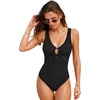 CUPSHE Women’s One Piece Swimsuit V Neck Bathing Suit Drawstring Front Tie Cut Out Full Coverage Swimwear Ladder Trim(Black)