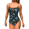 CUPSHE Women’s One Piece Swimsuit V Neck Bathing Suit Tummy Control Drawstring Back Hook Adjustable Straps(Black/Blue Floral)