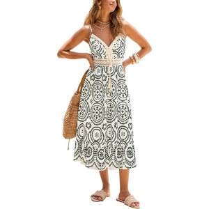 CUPSHE Womens Boho Midi Dresses Summer Spaghetti Strap Crochet Lace V Neck Drawstring Waist Beach Vacation Casual Sundress(Black Paisley)