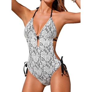 CUPSHE Women’s One Piece Deep V Plunging Halter Neck Bathing Suit Monokini Self Tied Textured(White Floral)