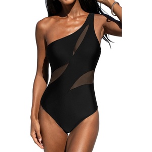 CUPSHE Women’s One Piece Swimsuit Asymmetrical One Shoulder Neck Bathing Suit Adjustable Straps Mesh Swimwear(Black)