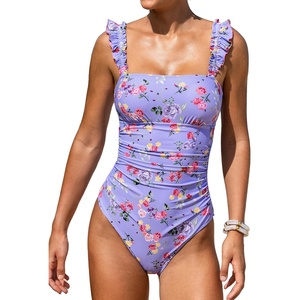 CUPSHE Women’s One Piece Swimsuit Bandeau Neck Ruffle Sleeves Bathing Suit Adjustable Straps Hook Ruched Swimwear(Purple/Pink Floral)