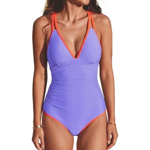CUPSHE Women’s One Piece Swimsuit Deep V Neck Bathing Suit Color Block Self Tie Adjustable Straps Swimwear Ruching(Purple/Orange)