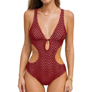 CUPSHE Women’s One Piece Swimsuit Monokini Plunging Neck Cutout Bathing Suit Halter Ties Adjustable Straps Swimwear(Brick Red/Stripe)