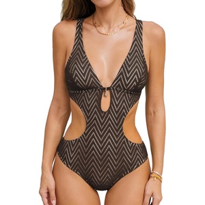 CUPSHE Women’s One Piece Swimsuit Monokini Plunging Neck Cutout Bathing Suit Halter Ties Adjustable Straps Swimwear(Brown/Stripe)