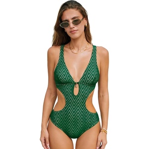 CUPSHE Women’s One Piece Swimsuit Monokini Plunging Neck Cutout Bathing Suit Halter Ties Adjustable Straps Swimwear(Emerald Green/Stripe)