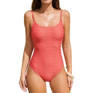 CUPSHE Women’s One Piece Swimsuit Scoop Neck Bathing Suit Adjustable Straps Cut Out Back Hook Swimwear Textured(Coral)