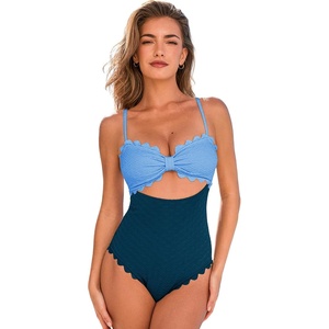 CUPSHE Women’s One Piece Swimsuit Sexy Cutout Scallop Trim Bathing Suit(Baby Blue/Navy)