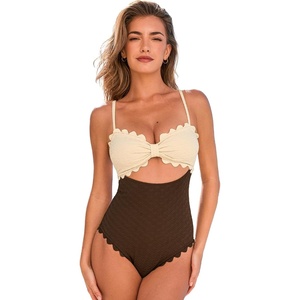CUPSHE Women’s One Piece Swimsuit Sexy Cutout Scallop Trim Bathing Suit(Beige/Brown)