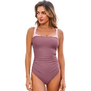 CUPSHE Women’s One Piece Swimsuit Square Neck Adjustable Straps Bathing Suit Back Self Tie Strappy Ruched Color Block(Dusty Berry/Pink)