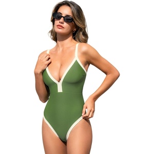 CUPSHE Women’s One Piece Swimsuit V Neck Back Self Tie Color Blocking Adjustable Straps Bathing Suit(Green/White)