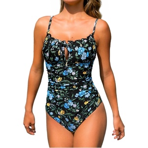 CUPSHE Women’s One Piece Swimsuit V Neck Bathing Suit Tummy Control Drawstring Back Hook Adjustable Straps(Black/Blue Floral)