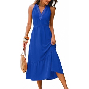 CUPSHE Women’s Summer Boho Dresses Sleeveless V-Neck Casual A-Line Ruffle Hem Flowy Resort Beach Vacation Sundress Maxi Dress(Blue)