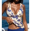 CUPSHE Women’s Tankini Top Deep V Neck Swimsuit Crisscross Adjustable Straps Swimwear Top Only Ruched Bathing Suit(Cream/Deep Purple Floral)