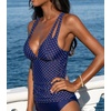 CUPSHE Women’s Tankini Top Deep V Neck Swimsuit Crisscross Adjustable Straps Swimwear Top Only Ruched Bathing Suit(Navy Blue/Polka Dot)