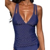 CUPSHE Women’s Tankini Top Deep V Neck Swimsuit Crisscross Adjustable Straps Swimwear Top Only Ruched Bathing Suit(Navy Blue/Polka Dot)