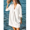 CUPSHE Women Swimsuit Shirt Coverup Lightweight Beach Dresses | V Neck Swim Shirt Cover Ups, Long Sleeve Bathing Suit Coverup for Women, Mini Beach Coverup Dresses with Chest Pockets(White)