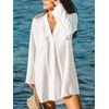 CUPSHE Women Swimsuit Shirt Coverup Lightweight Beach Dresses | V Neck Swim Shirt Cover Ups, Long Sleeve Bathing Suit Coverup for Women, Mini Beach Coverup Dresses with Chest Pockets(White)