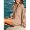 CUPSHE Women Swimsuit Shirt Coverup Lightweight Beach Dresses | V Neck Swim Shirt Cover Ups, Long Sleeve Bathing Suit Coverup for Women, Mini Beach Coverup Dresses with Chest Pockets(Khaki)