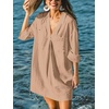 CUPSHE Women Swimsuit Shirt Coverup Lightweight Beach Dresses | V Neck Swim Shirt Cover Ups, Long Sleeve Bathing Suit Coverup for Women, Mini Beach Coverup Dresses with Chest Pockets(Khaki)