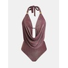 CUPSHE Women’s One Piece Swimsuit Sexy Deep V Cowl Neck Halter Bathing Suit Back Hook Shiny Monokini(Purple/Gold)
