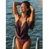 CUPSHE Women’s One Piece Swimsuit Sexy Deep V Cowl Neck Halter Bathing Suit Back Hook Shiny Monokini(Purple/Gold)