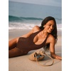 CUPSHE Women’s One Piece Swimsuit Sexy Deep V Neck Bathing Suit Halter Self Tie Mesh Tummy Control Swimwear(Coffee Brown)