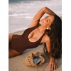 CUPSHE Women’s One Piece Swimsuit Sexy Deep V Neck Bathing Suit Halter Self Tie Mesh Tummy Control Swimwear(Coffee Brown)