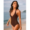 CUPSHE Women’s One Piece Swimsuit Sexy Deep V Neck Bathing Suit Halter Self Tie Mesh Tummy Control Swimwear(Coffee Brown)