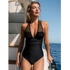 CUPSHE Women’s One Piece Swimsuit with Mesh Skirt V Neck Halter Slimming Swim Dress Molded Cups Bathing Suit Modest(Black)