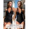 CUPSHE Women’s One Piece Swimsuit with Mesh Skirt V Neck Halter Slimming Swim Dress Molded Cups Bathing Suit Modest(Black)