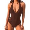 CUPSHE Women’s One Piece Swimsuit Sexy Deep V Neck Bathing Suit Halter Self Tie Mesh Tummy Control Swimwear(Coffee Brown)