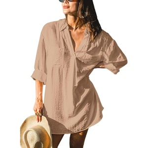 CUPSHE Women Swimsuit Shirt Coverup Lightweight Beach Dresses | V Neck Swim Shirt Cover Ups, Long Sleeve Bathing Suit Coverup for Women, Mini Beach Coverup Dresses with Chest Pockets(Khaki)