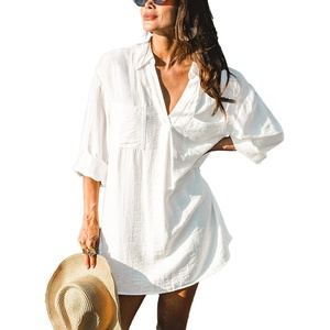 CUPSHE Women Swimsuit Shirt Coverup Lightweight Beach Dresses | V Neck Swim Shirt Cover Ups, Long Sleeve Bathing Suit Coverup for Women, Mini Beach Coverup Dresses with Chest Pockets(White)
