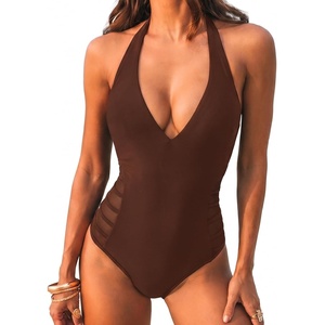 CUPSHE Women’s One Piece Swimsuit Sexy Deep V Neck Bathing Suit Halter Self Tie Mesh Tummy Control Swimwear(Coffee Brown)