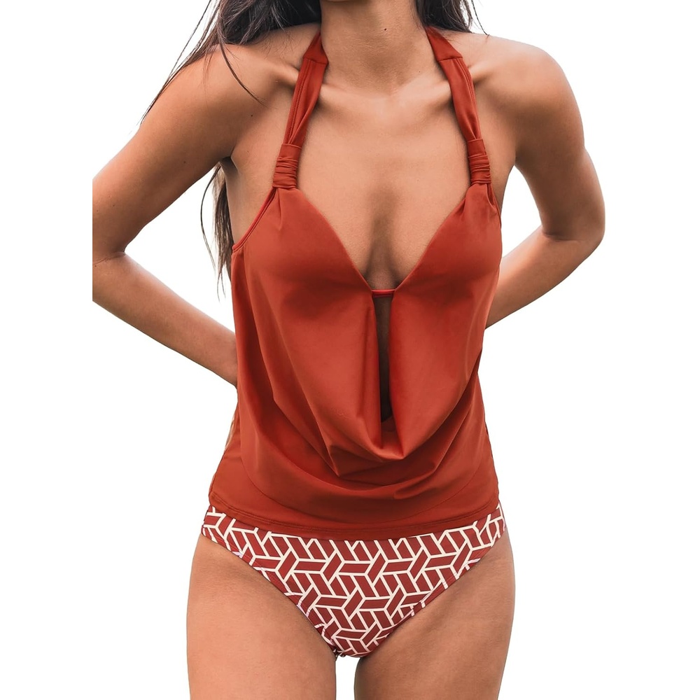 image:imageCUPSHE Tankini Bathing Suit for Women Halter Deep V Cowl Neck Low Back SwimsuitBrick RedGeometric