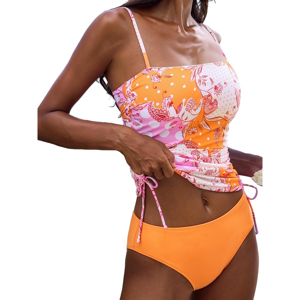 image:imageCUPSHE Two Piece Tankini Set Women Swimsuit Square Neck Mid Rise Cut Out Ruched Drawstred Bathing SuitOrangePaisley