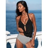 CUPSHE Tankini Bathing Suit for Women Halter Deep V Cowl Neck Low Back Swimsuit(Black/White Gingham)
