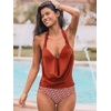 CUPSHE Tankini Bathing Suit for Women Halter Deep V Cowl Neck Low Back Swimsuit(Brick Red/Geometric)