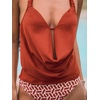 CUPSHE Tankini Bathing Suit for Women Halter Deep V Cowl Neck Low Back Swimsuit(Brick Red/Geometric)