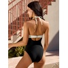 CUPSHE Women One Piece Swimsuit Halter Smocked Ruched Bathing Suit | V neck Color block Back hook(Black/Beige)