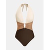 CUPSHE Women’s One Piece Swimsuit Plunging Deep V Neck Halter Bathing Suit Ruched Adjustable Straps Self Tie O Ring(Beige/Tan/Brown)