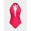 CUPSHE Women’s One Piece Swimsuit Plunging Deep V Neck Halter Bathing Suit Ruched Adjustable Straps Self Tie O Ring(Magenta Red)