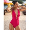 CUPSHE Women’s One Piece Swimsuit Plunging Deep V Neck Halter Bathing Suit Ruched Adjustable Straps Self Tie O Ring(Magenta Red)