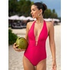 CUPSHE Women’s One Piece Swimsuit Plunging Deep V Neck Halter Bathing Suit Ruched Adjustable Straps Self Tie O Ring(Magenta Red)