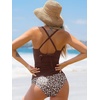CUPSHE Women’s Tankini Set Swimsuit Twist Front Cutout Bathing Suit Crossback Self Tie Mid Rise(Brown/Floral)