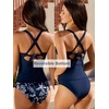 CUPSHE Women’s Tankini Sets Two Piece Swimsuit Reversible Bottom Mid Rise Bathing Suit Ruched Crossback Tie(Navy Blue/Floral)